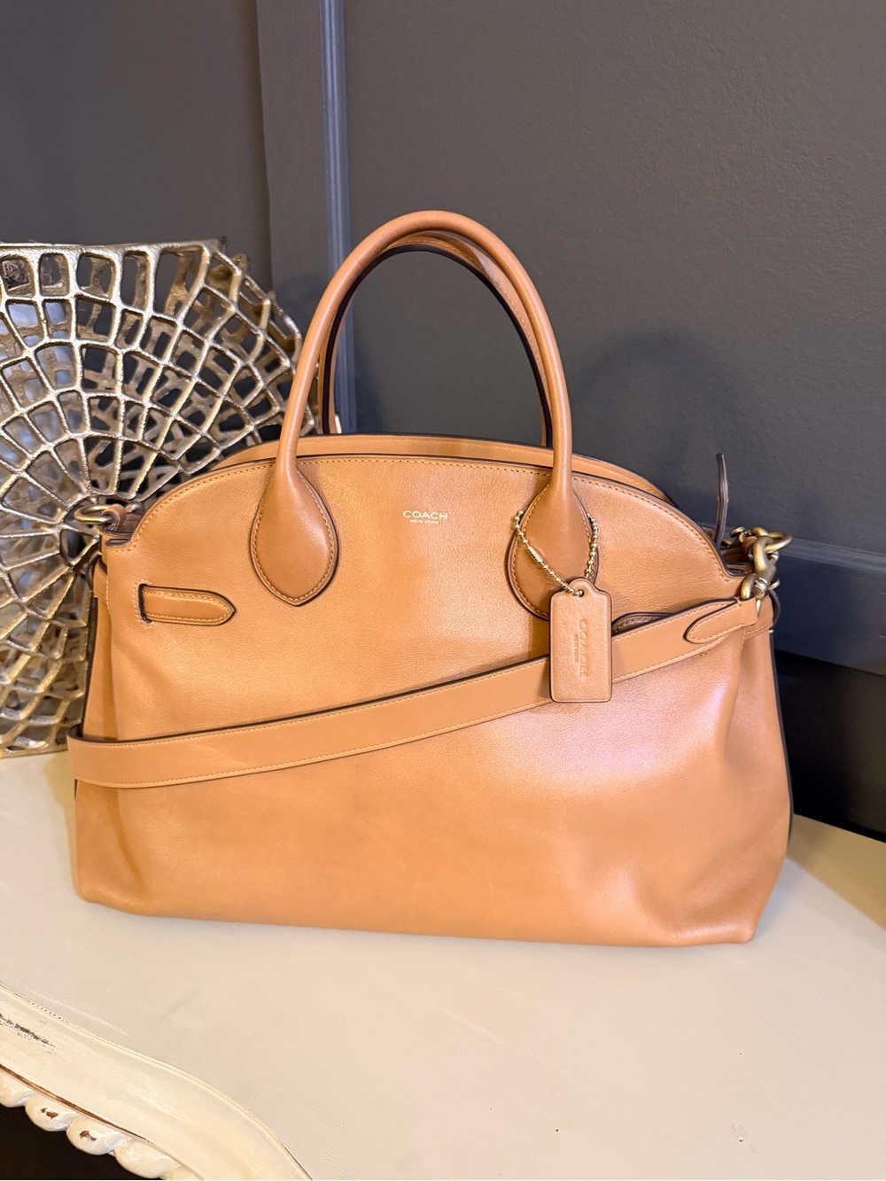Coach Tan Leather Dome Satchel with Detachable Strap